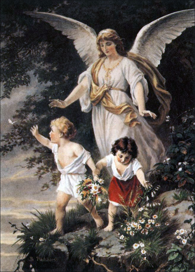 Peinture d'un ange gardien veillant sur deux enfants, par Bernhard Plockhorst