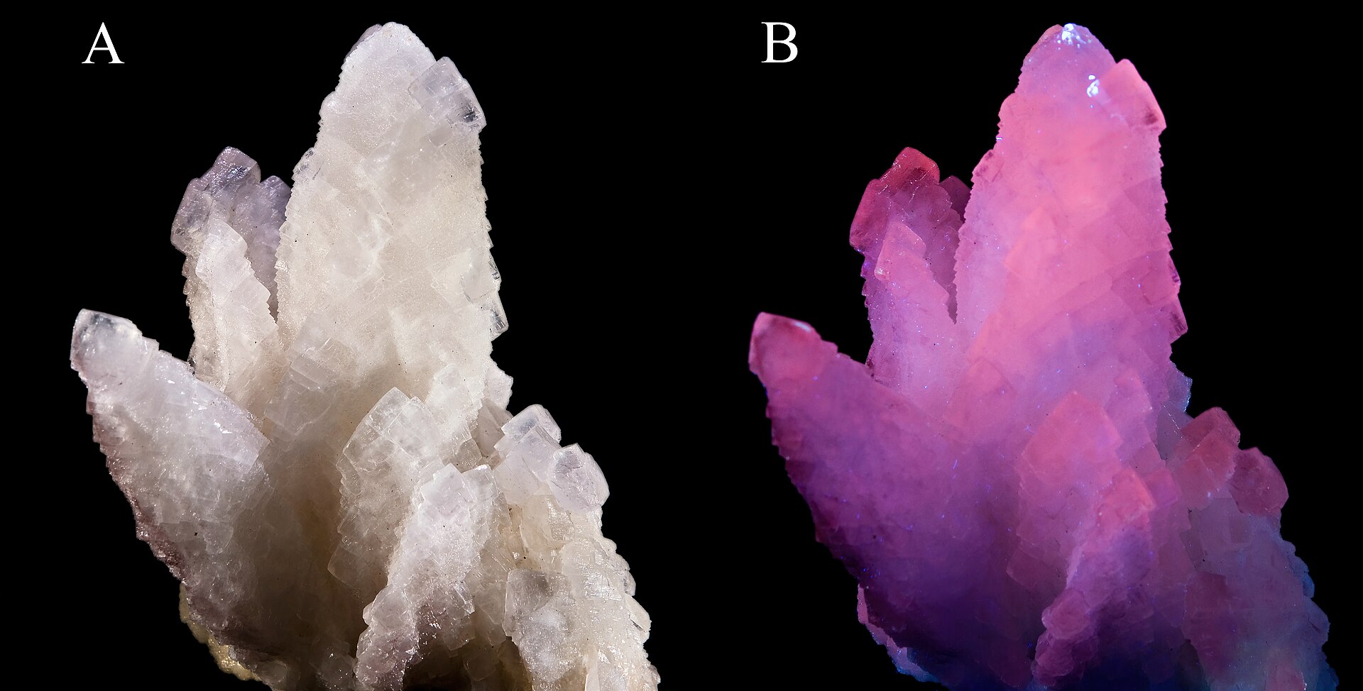 Calcite de la mine de Batère (Pyrénées-Orientales) photographiée en lumière du jour puis sous ultraviolets