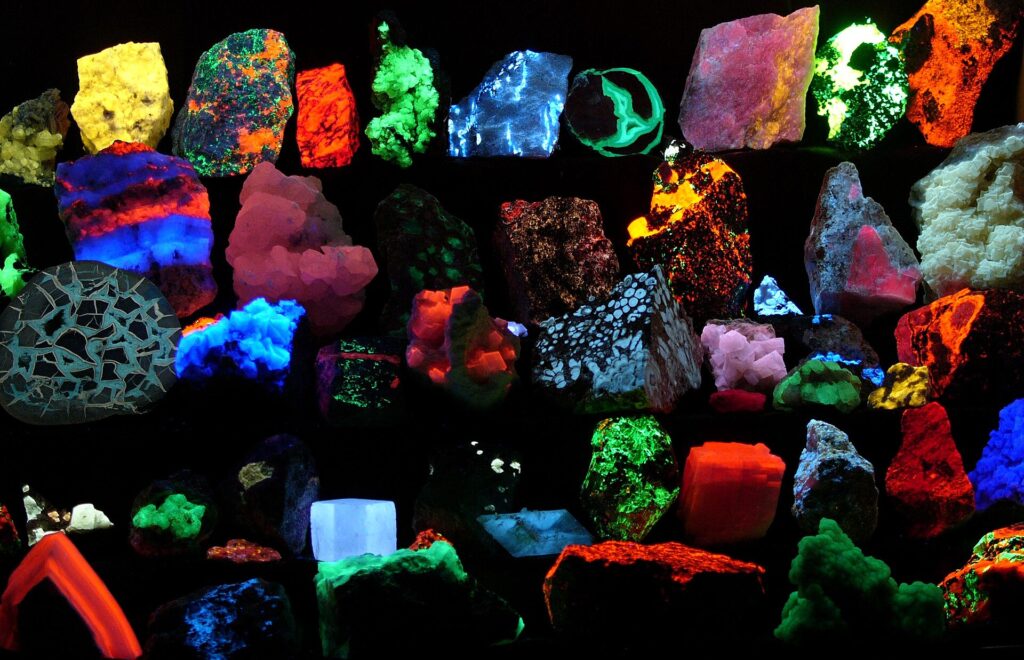 Collection de minéraux fluorescents émettant des couleurs vives sous lampe à ultraviolets